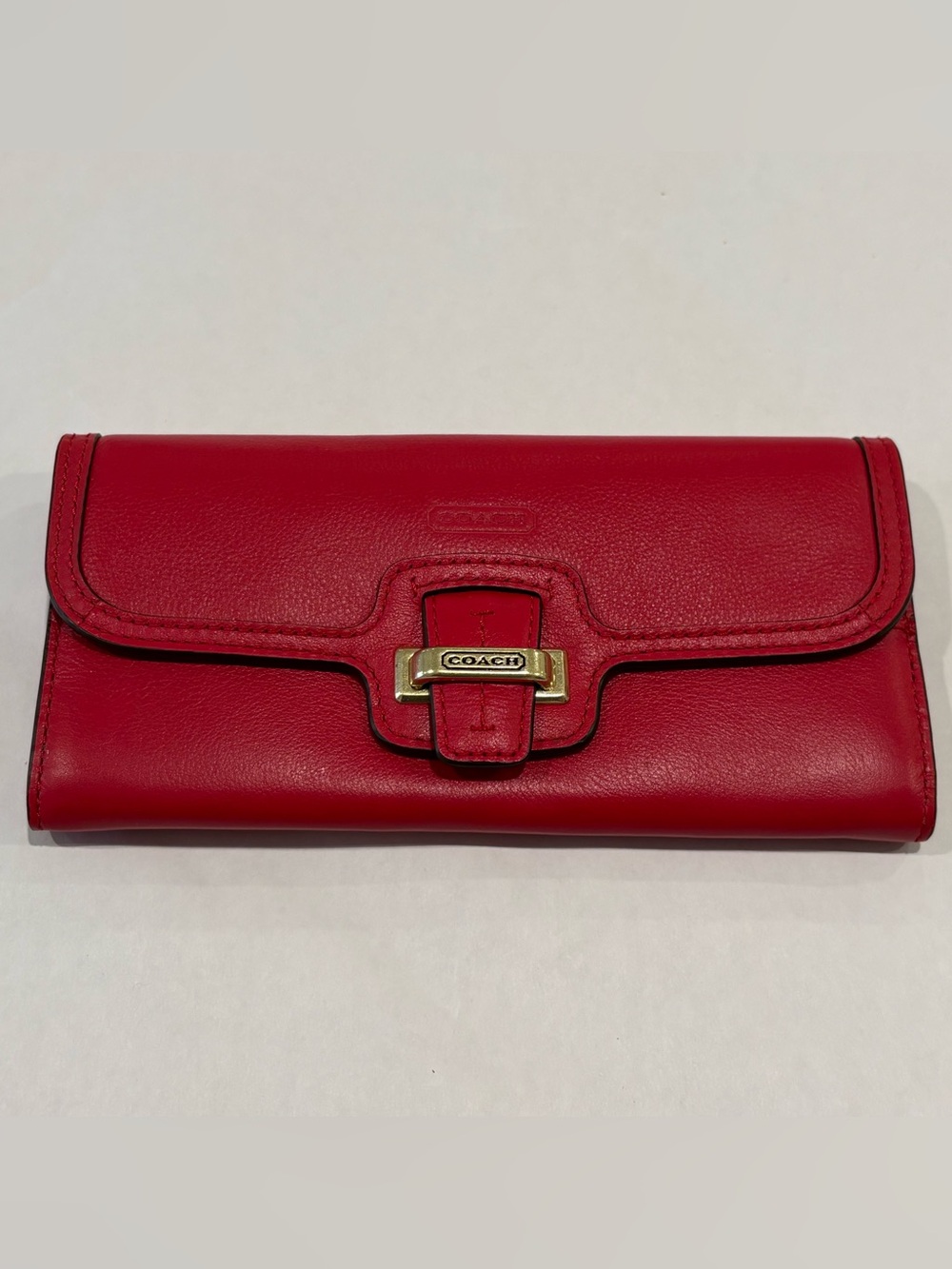 Coach Taylor Pebble Red Leather Slim Envelope Wallet with Gold Hardware